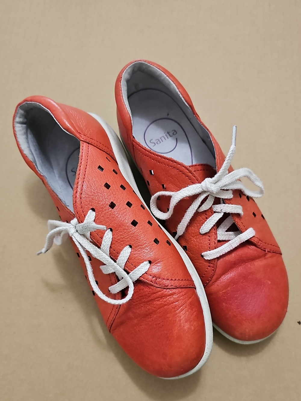 Sanita Coral-Red Leather Lace-Up Women's Sneakers
